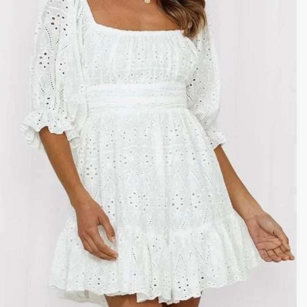 Pretty Garden Embroidered Eyelet Dress Womens M White Romantic Cottagecore Boho